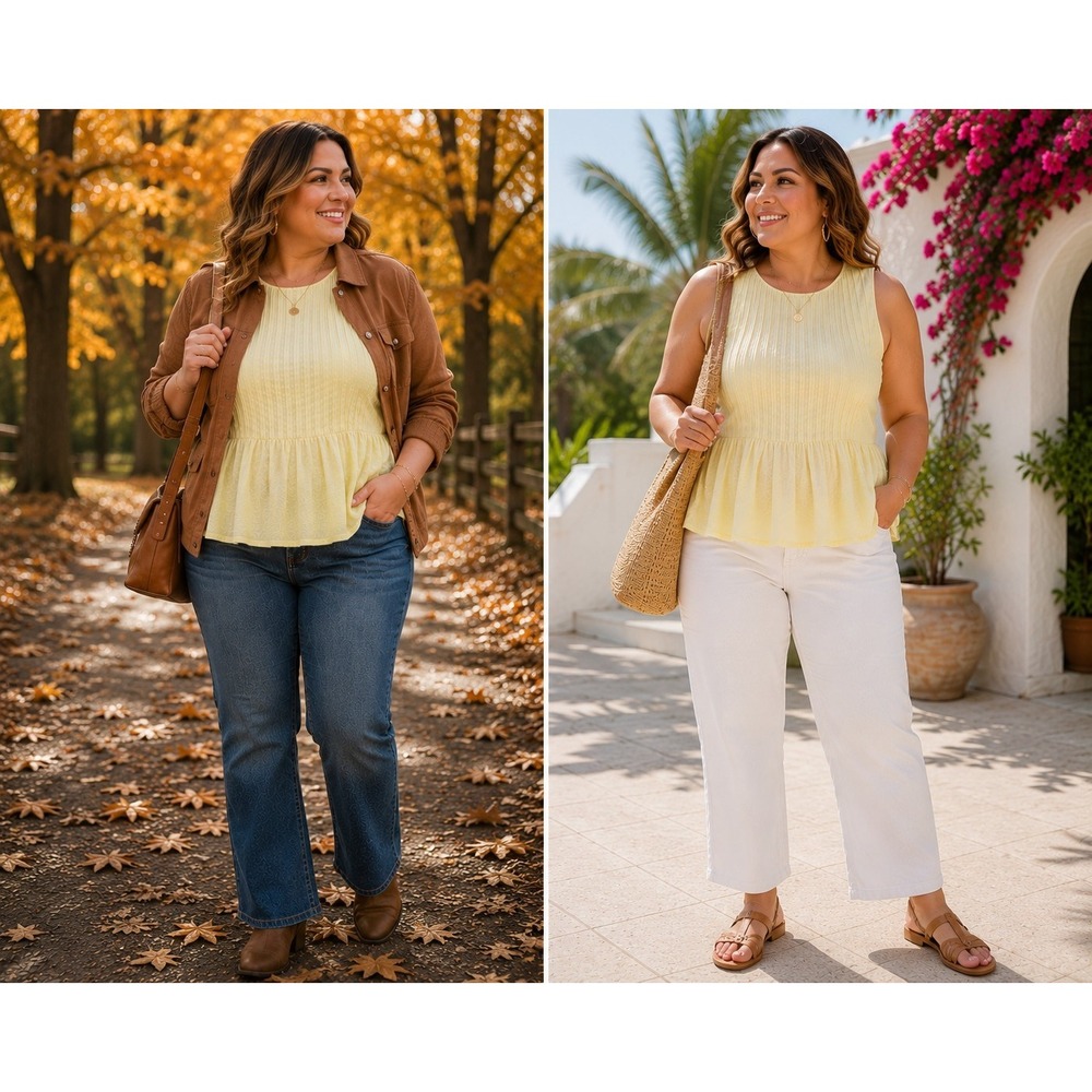 Women's XL 16-18 Top Yellow Pintuck Pleated Peplum Colorful Cotton Blend Blouse - Picture 10 of 13